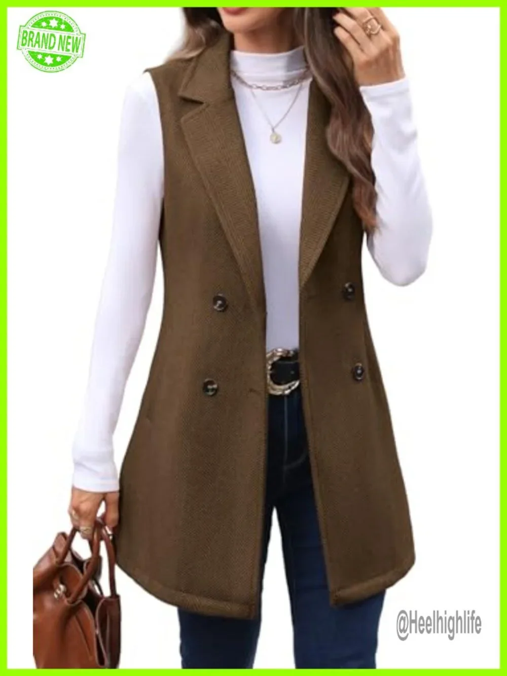 Women's Tweed Long Vest Sleeveless Herringbone Double Breasted Blazer Jacket